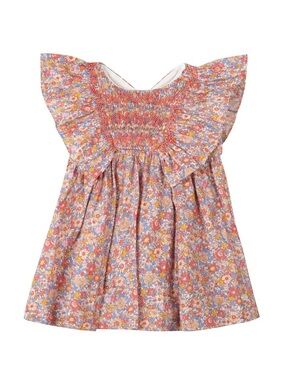 Tartine et Chocolat Floral Smocked Flutter-Sleeve Dress in Pink, Orange, Yellow